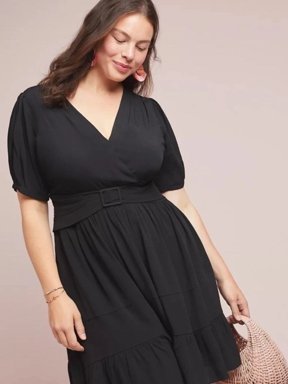 Maeve by Anthropologie Martina Dress 18W Black Belted Tiered Midi